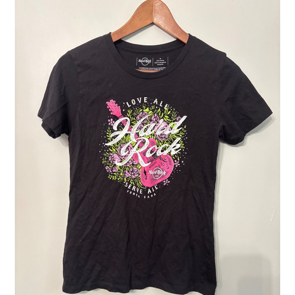 Hard Rock Cafe Punta Cana T-Shirt Womens M Black Pink Guitar Floral Cotton